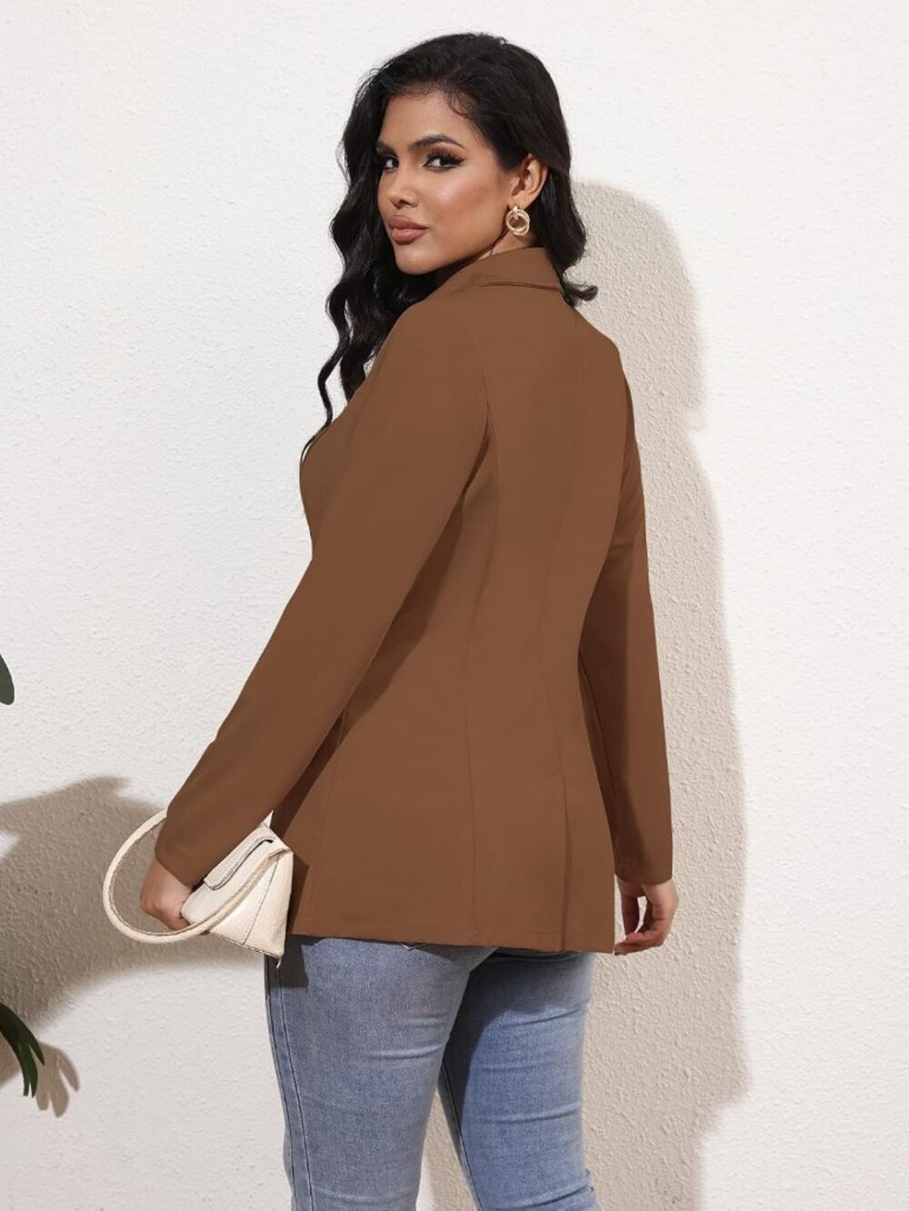 Women's Dark Brown Stretch Long Sleeve Single Button Gold Zipper Pockets Jacket - Picture 5 of 6